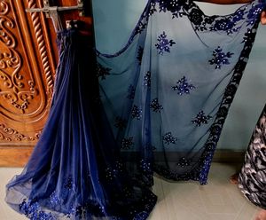 Blue New Net Saree with Blouse पीस Attached