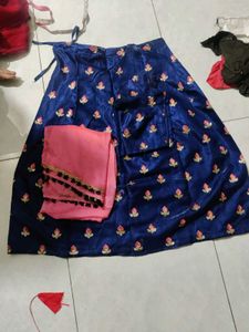 Blue Embroidered Lehenga with Pink Dupatta