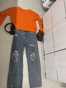 Orange Sweater and Ripped Jeans Set