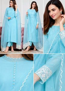 Sky Blue Chikankari Kurta Set with pearl work