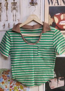 Green & Beige Striped Cropped Top