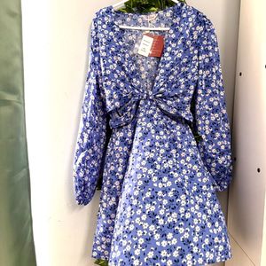 Blue Floral Twist Cut-Out Dress