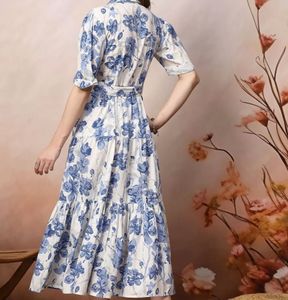 Blue Floral Tiered Midi Dress