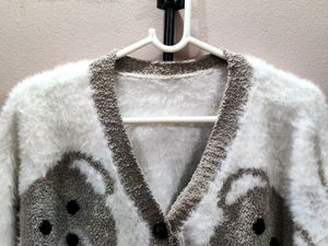 Imported women's V-neck fuzzy knit cardigan/sweate