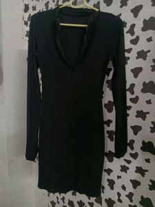 Black Ribbed Zip-Up Dress