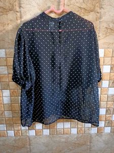 Chic Polka Dot Sheer Top, puff sleeves