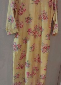 Yellow Floral Print Kurta with Mirror Work