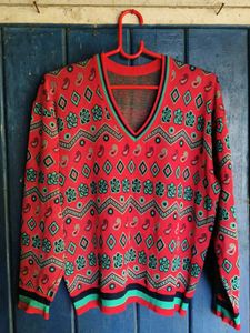 Vintage Red Patterned V-Neck Sweater
