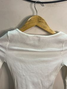 White Ribbed Zip-Up Long Sleeve Top