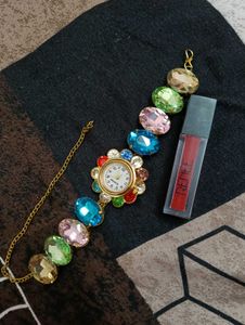 Sparkling Gemstone Chain Watch free lipstick