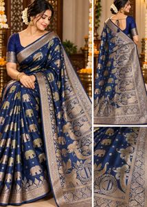 Elegant Navy Blue Elephant Banarasi Silk Saree