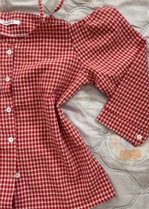 Red Gingham Cold Shoulder Top