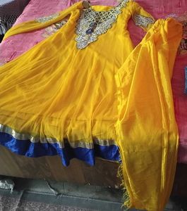 Bright Yellow Embroidered Anarkali Suit .With Dupa