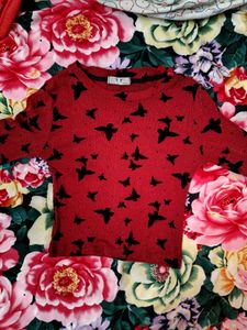 Red Butterfly printed bell Sleeves sheer Top