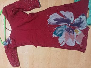 Girls' Red Kurta Set with Floral Print