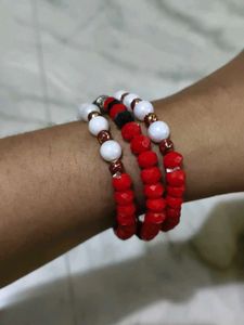 Vibrant Red crystal, white pearl Bracelet Set