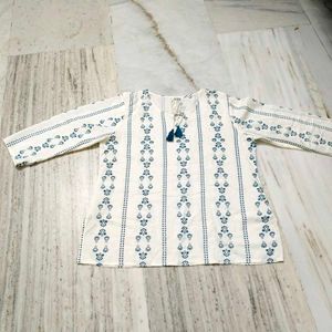 White &amp; Blue Printed Tassel Kurta