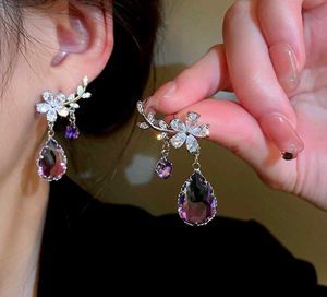 Silver  purple diamond Zircon  tassel earring