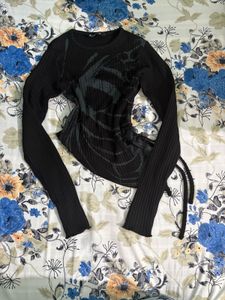 Ribbed Graphic Print Ruched Top