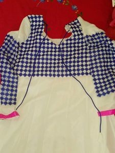 Elegant White Anarkali with Blue Checkered Bodice