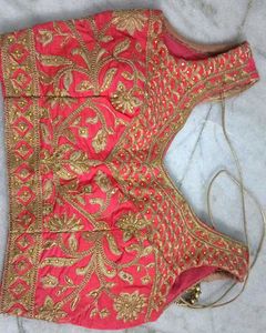 Stunning Coral &amp; Gold Embroidered Lehenga Choli