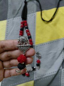 Red and Black Beaded Necklace with Earrings Set