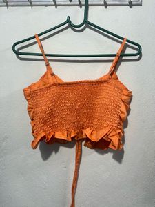 Orange Ruched Tie-Up Crop Top