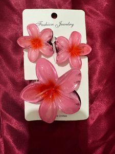 Pink Flower Hair Clip Set