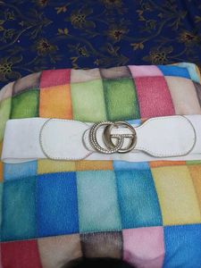 Stylish White Elastic Waist Belt with GG Buckle