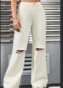 Cream Bootcut Ripped Jeans