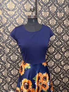 Navy Blue Sunflower Print Dress