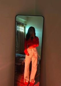 It's a blue wide leg jeans with hand paint