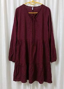 Maroon Round-Neck Tiered Dress