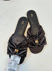Zara Black Bow Detail Slide Sandals
