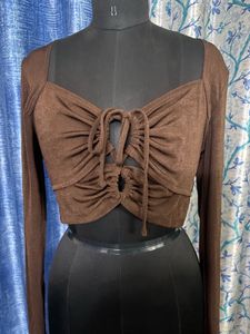 Brown Ruched Tie-Front Long Sleeve Top