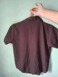 Brown Textured Short Sleeve Collared Shirt