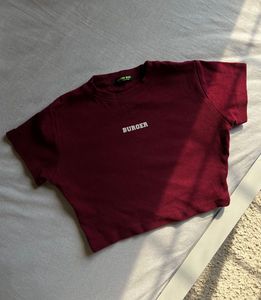 Burger bae - Burgundy "BURGER" Graphic Crop Top