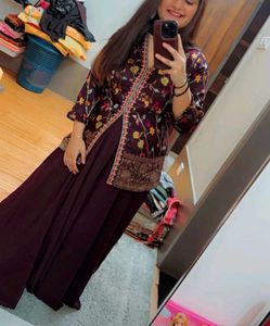 Padded Wine Rich brocade Jacket Style skirt set