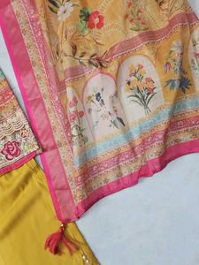 Yellow Floral Print Kurta Set with Dupatta