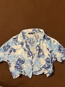 Dragon Print Button-Up Crop
