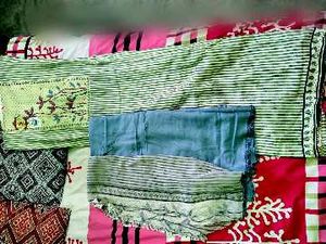 Green Striped Floral Dress Material