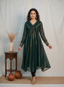 Stylish Bottle Green & Gold Kurti With Earrings