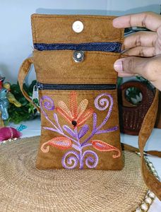 Embroidered Suede Crossbody Phone Bag