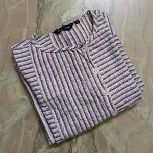 White &amp; Grey Striped Cotton Dress For Women