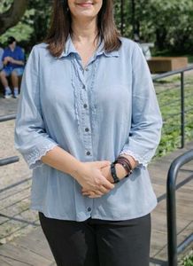 Light Blue Button-Up Top with Lace Trim