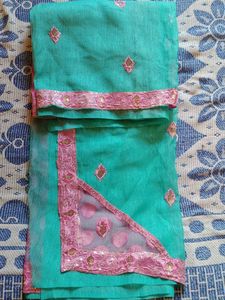 Crepe Teal with Pink Border Saree NO BLOUSE