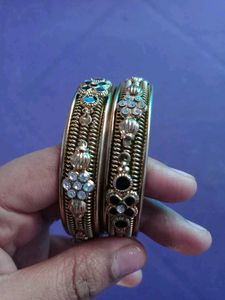 Exquisite Golden Bangles with Blue & Black Stones