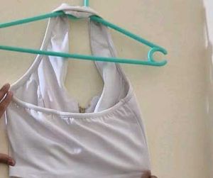 White Halter Neck Zip Crop Top