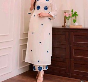 cotton embroidery white and blue kurta set