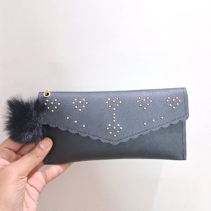Chic Black Wallet with Pom-Pom Charm
